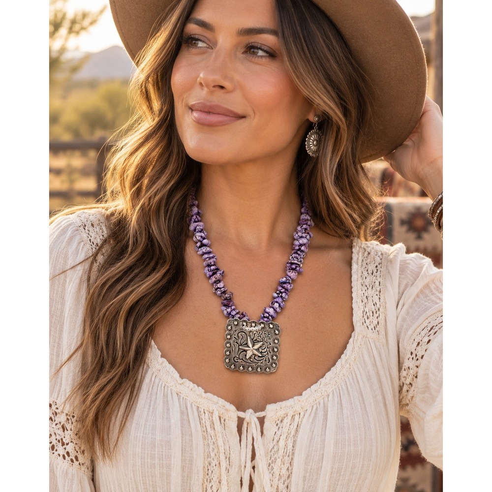 Silver Concho Necklace Purple Stone Western Star Flower Pendant Statement 22'